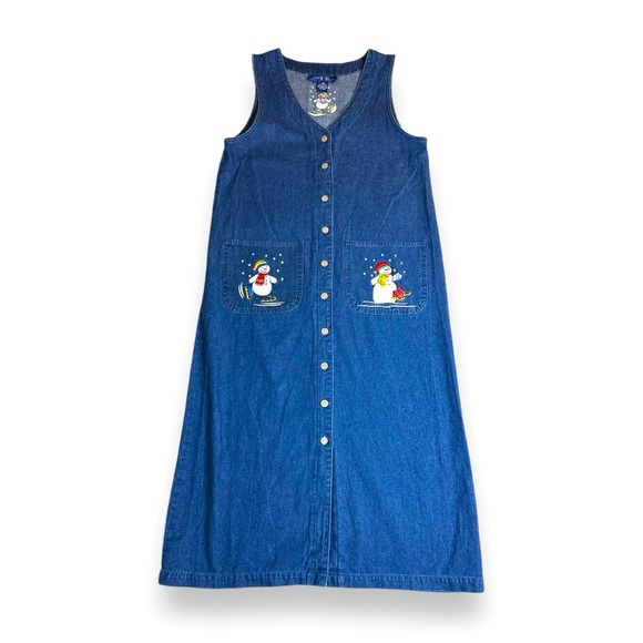 Vintage Dresses & Skirts - Vintage Cotton denim snowman embellished Christmas dress sz 10P
